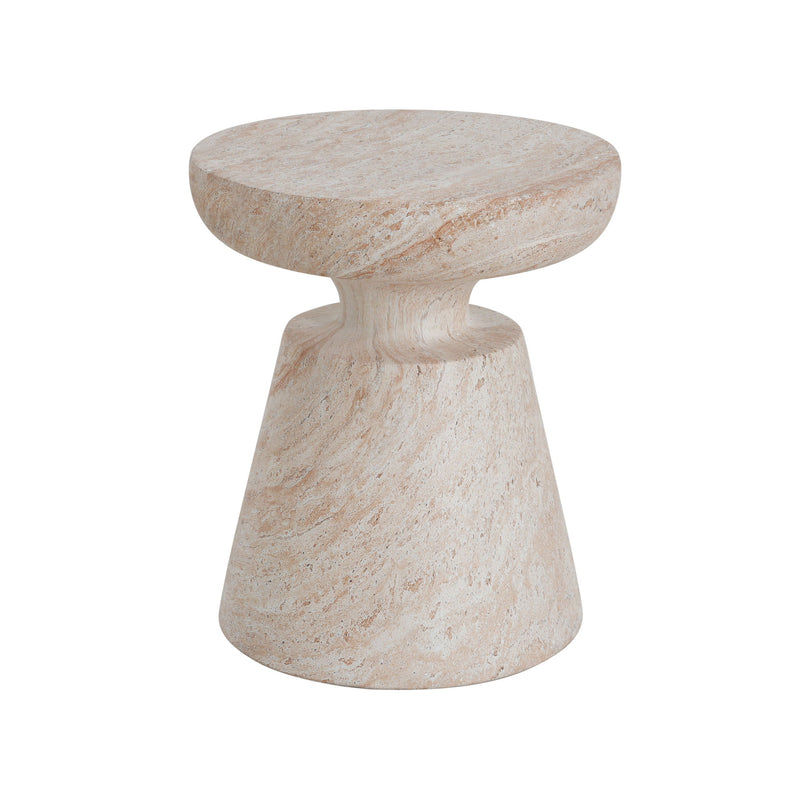 Lightweight beige concrete side table with travertine top, suitable for outdoor and indoor use, by Noble House.