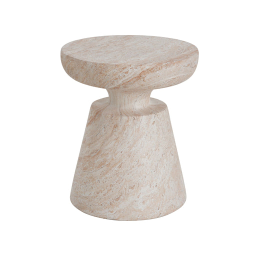 Lightweight beige concrete side table with travertine top, suitable for outdoor and indoor use, by Noble House.