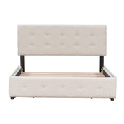 DreamHaus upholstered platform bed with classic headboard and built-in storage drawers, no box spring needed, in a modern bedroom setting.