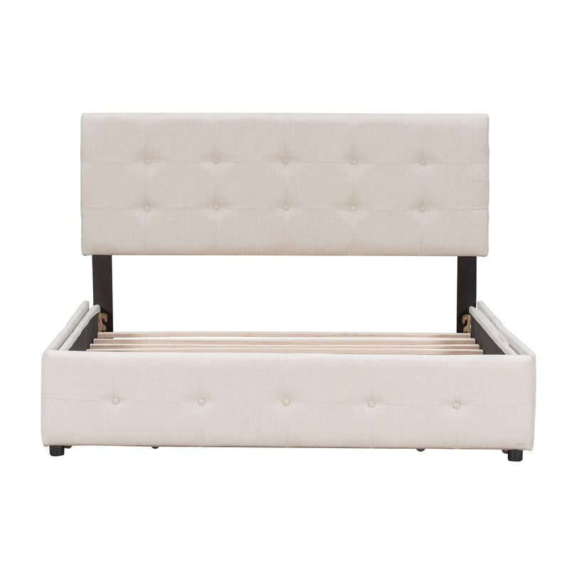 DreamHaus upholstered platform bed with classic headboard and built-in storage drawers, no box spring needed, in a modern bedroom setting.