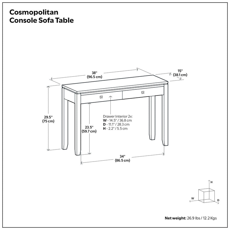 Simpli-Home Cosmopolitan multipurpose coffee table with sleek wooden surface and modern design for living room use.
