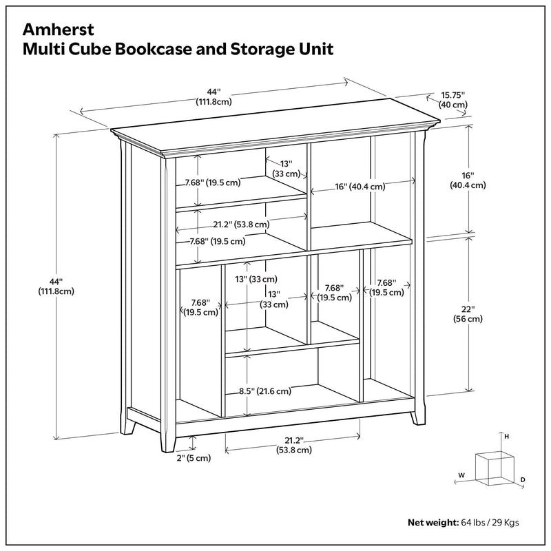 Simpli-Home Amherst multi-cube bookcase and storage unit with open cube shelves for organizing books and decorative items.