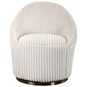 Uttermost Crue fabric swivel chair with modern design, featuring a plush cushioned seat and sleek wooden base.