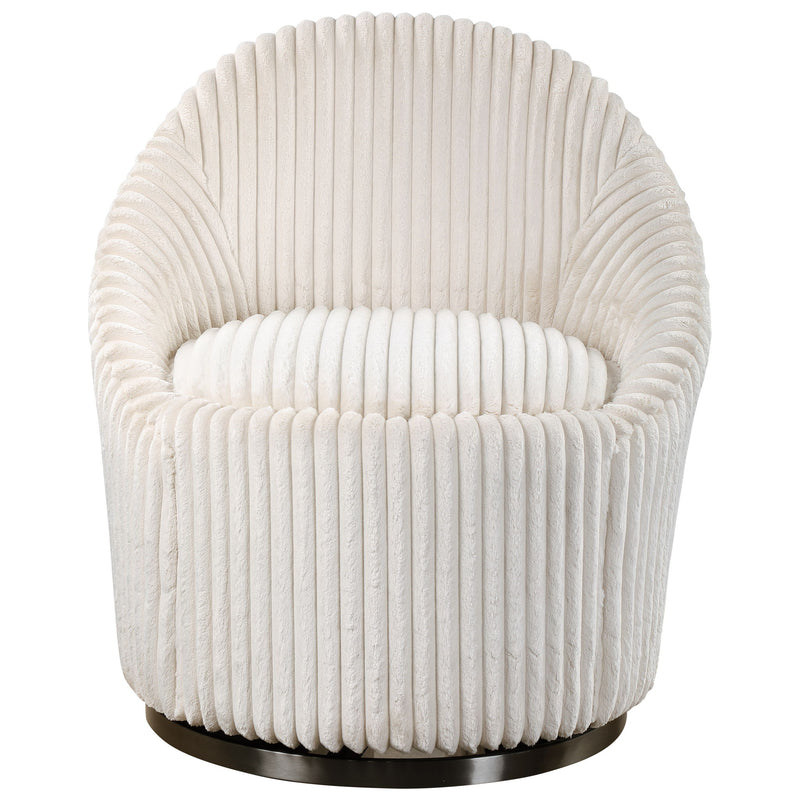 Uttermost Crue fabric swivel chair with modern design, featuring a plush cushioned seat and sleek wooden base.