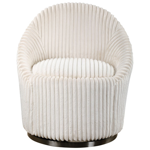 Uttermost Crue fabric swivel chair with modern design, featuring a plush cushioned seat and sleek wooden base.