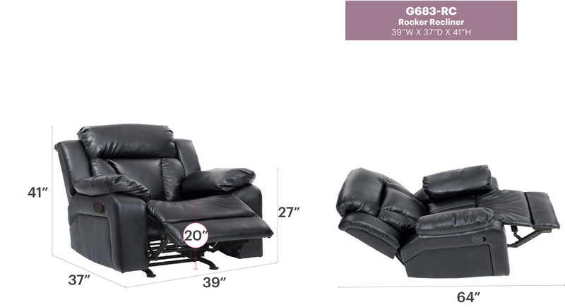 Comfortable Glory Furniture rocking motion recliner with cushioned seat and armrests, perfect for relaxing in a modern living room.