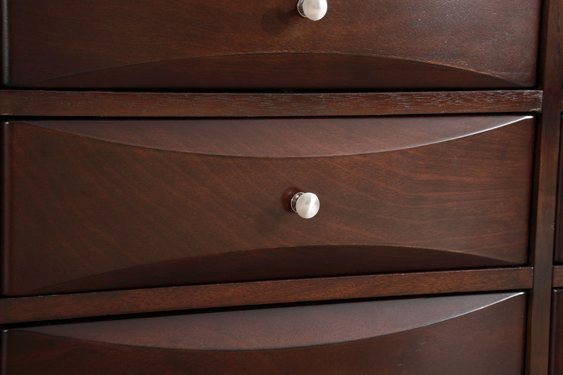 Glory Furniture Marilla media chest with multiple drawers and a dark wood finish, ideal for living room storage.
