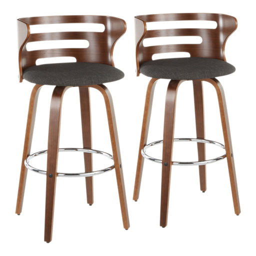 Lumi Source Cosini mid-century modern fixed height barstools with swivel, set of 2, featuring wooden seats and sleek metal bases.