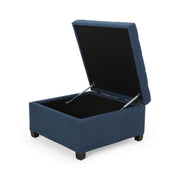 Noble House Isabella contemporary storage ottoman with cushioned top and wooden legs, ideal for living room seating and organization.