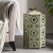 Noble House Galore side table with sunburst cut-out design, round wooden surface and decorative openwork base.
