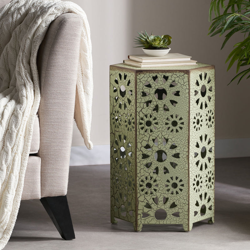 Noble House Galore side table with sunburst cut-out design, round wooden surface and decorative openwork base.