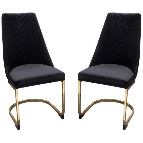Vogue Set of (2) Dining Chairs in Black Velvet with Polished Gold Metal Base