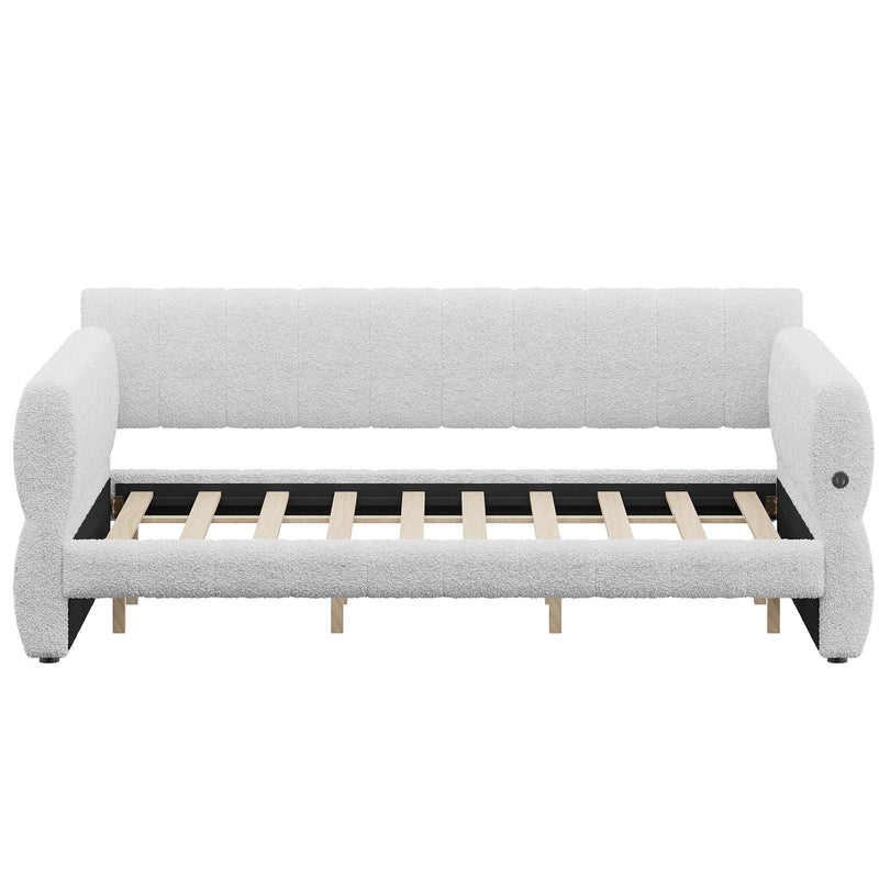 Dreamland upholstered platform storage bed with USB charging, showcasing a modern design, plush headboard, and built-in USB ports.