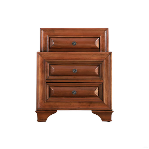 Glory Furniture oak accent nightstand with storage drawer and open shelf, ideal for bedroom organization and decor.