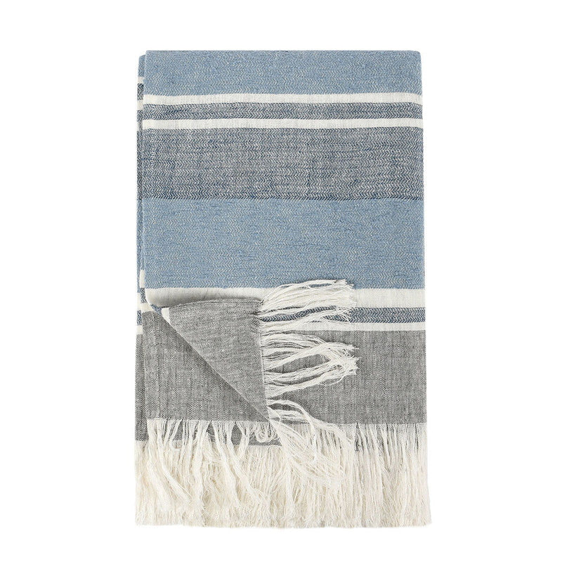 Classic Home Lima throw blanket in Capri Blue and dark gray, soft and cozy fabric, draped over a neutral background.