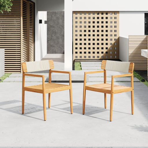 Creative Braided Acacia Wood Outdoor Dining Table And Chairs With Armrests (Set of 2) - Teak / White - R&R Furniture Gallery (Fountain Valley, CA)