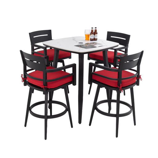 Life Outside 5-piece outdoor patio bar set with rounded square sintered stone table and four swivel bar chairs.