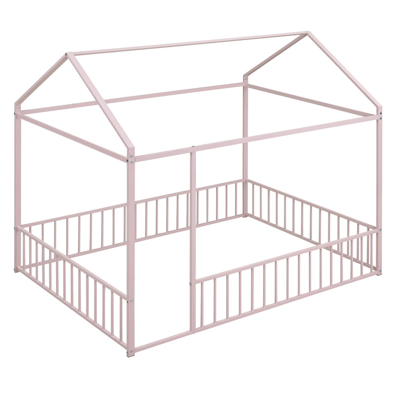 Halcyon Home metal canopy bed frame with fence, sturdy metal construction, ideal for a cozy and stylish house bed setup.