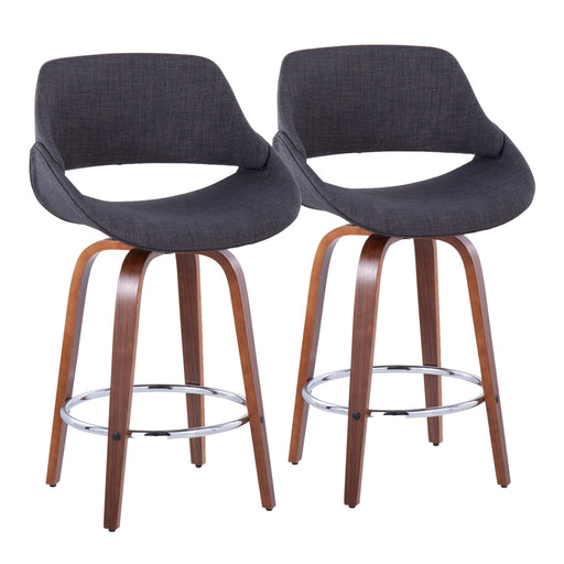 Lumi Source Fabrico mid-century modern counter stool set with fixed height, round footrest, upholstered seats, and wooden legs.