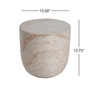 Beige lightweight concrete side table with travertine top, suitable for outdoor and indoor use, by Noble House.