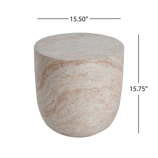 Beige lightweight concrete side table with travertine top, suitable for outdoor and indoor use, by Noble House.