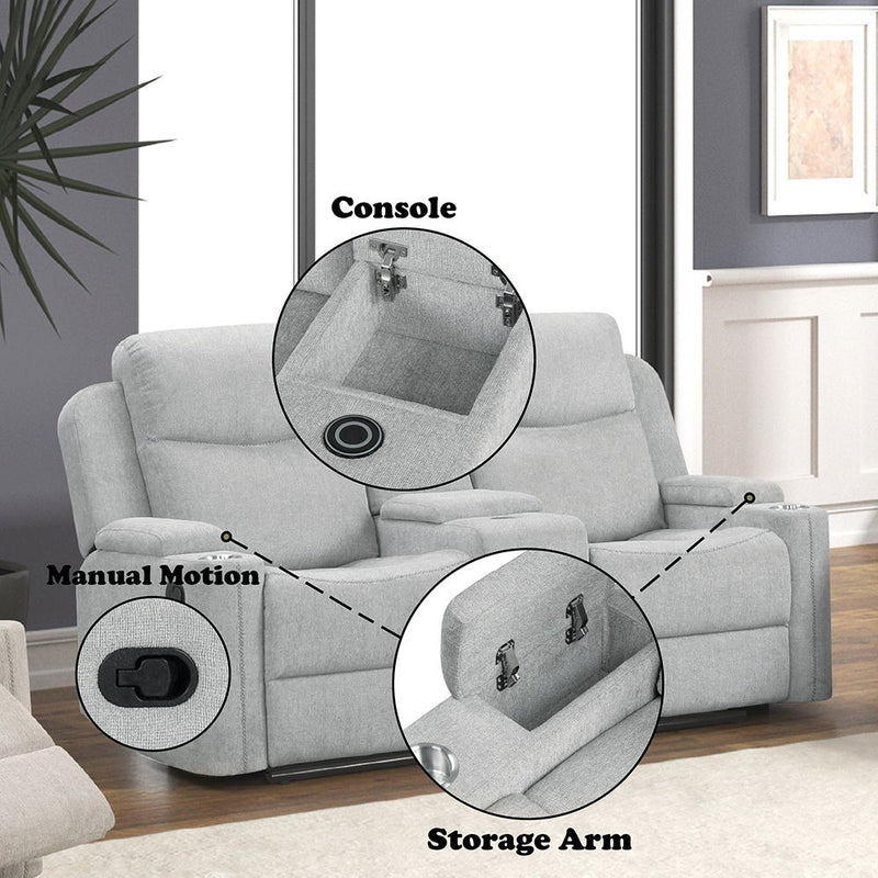 Galya - Motion Loveseat With Console - Light Gray Chenille - R&R Furniture Gallery (Fountain Valley, CA)