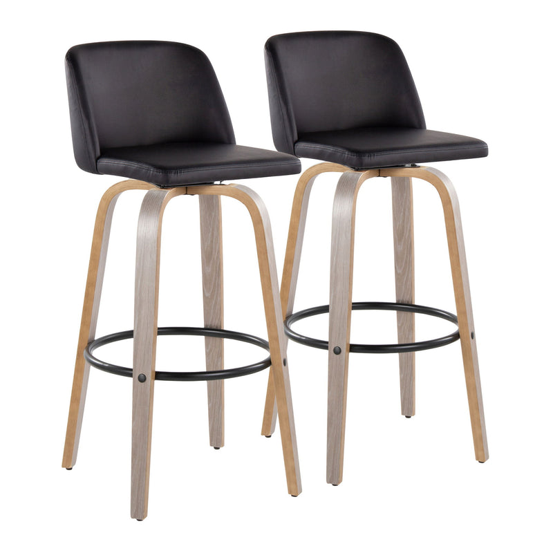Lumi Source Toriano fixed-height contemporary barstools with swivel and round footrest, set of 2, featuring sleek modern design.