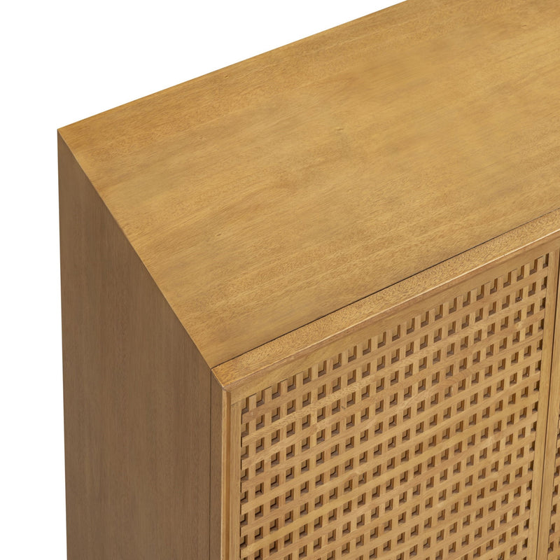 Natural wood Miles 3-door sideboard by TOV Furniture with sleek design and spacious storage, shown in a modern living space.