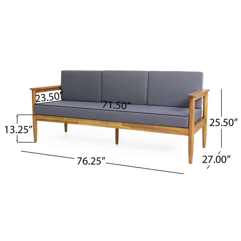 Dark gray outdoor 3-seater sofa with cushions, made of teak acacia wood, by Noble House, suitable for patio or garden seating.