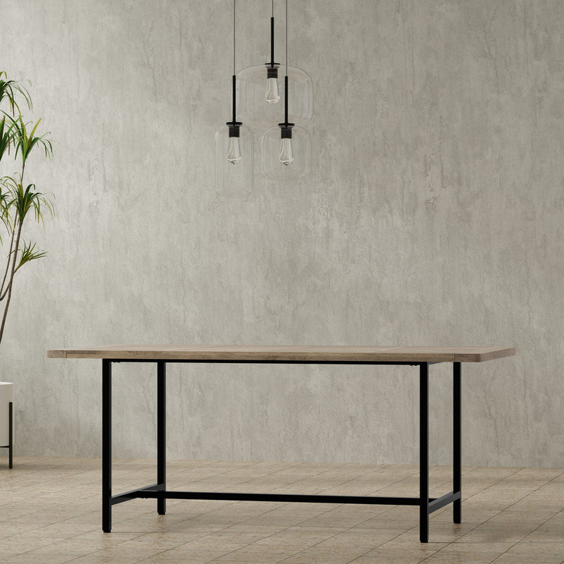 Simpli-Home Campbell handcrafted dining table with a wooden surface and sturdy legs, perfect for family meals and gatherings.