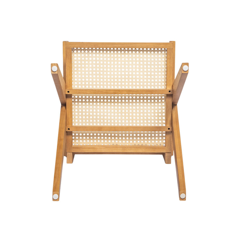 Set of two Noble House Chandigarh arm dining chairs with natural cane seats and wooden frames, showcasing elegant craftsmanship.