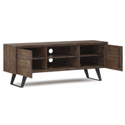 Rustic natural aged brown Lowry TV media stand by Simpli-Home with storage compartments and wooden finish.