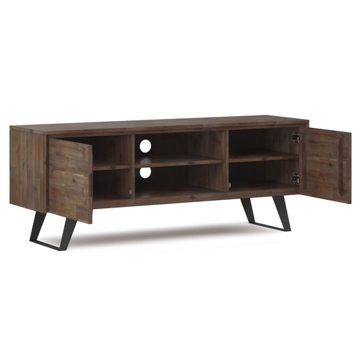 Rustic natural aged brown Lowry TV media stand by Simpli-Home with storage compartments and wooden finish.
