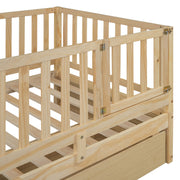 DreamHaus storage daybed with fence guardrails, two drawers, convertible into floor bed and daybed, in a modern bedroom setting.