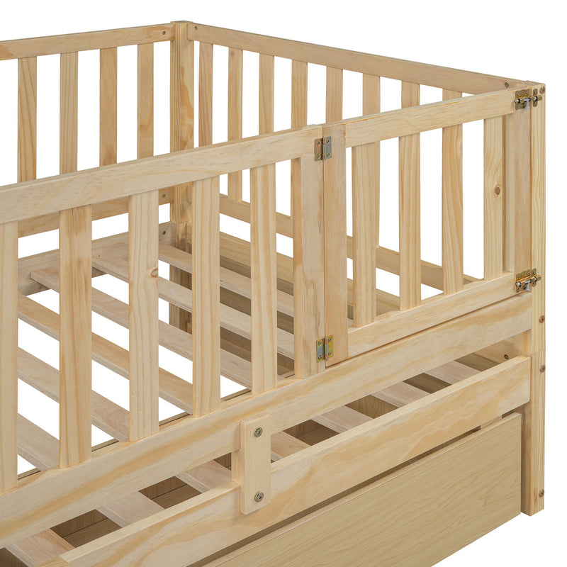 DreamHaus storage daybed with fence guardrails, two drawers, convertible into floor bed and daybed, in a modern bedroom setting.