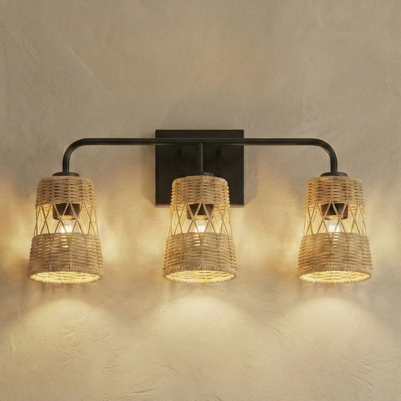 Moonlit - 3 Lights Wall Sconce With Shade, Bathroom Lighting Fixtures Over Mirror - Black / Rattan - R&R Furniture Gallery (Fountain Valley, CA)