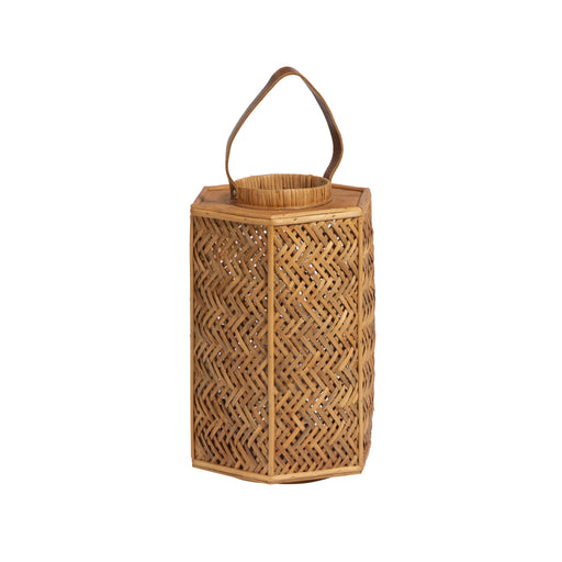 TOV Furniture Andi Rattan Lantern with woven rattan design and handle, ideal for indoor or outdoor decorative lighting.