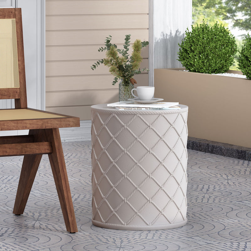 Antique white outdoor end table by Noble House with a classic design, featuring a flat top and sturdy legs for patio or garden use.