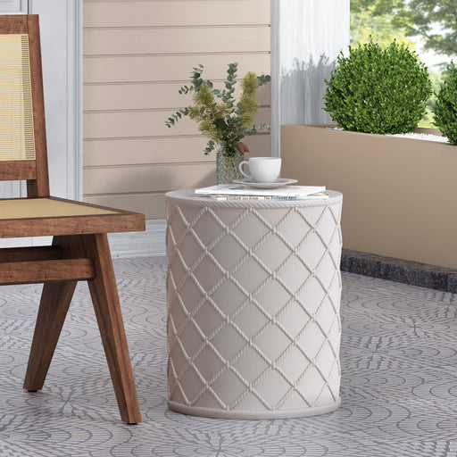 Antique white outdoor end table by Noble House with a classic design, featuring a flat top and sturdy legs for patio or garden use.
