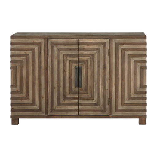 Uttermost Layton geometric console cabinet in light brown wood finish with modern accent cabinet design.