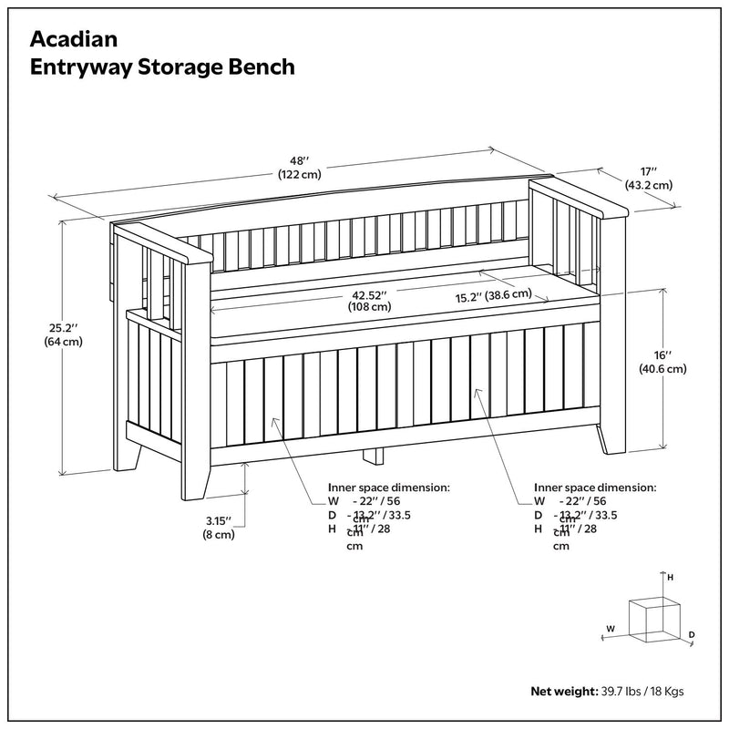 Handcrafted Acadian entryway storage bench by Simpli-Home with wooden seat and built-in storage compartment.