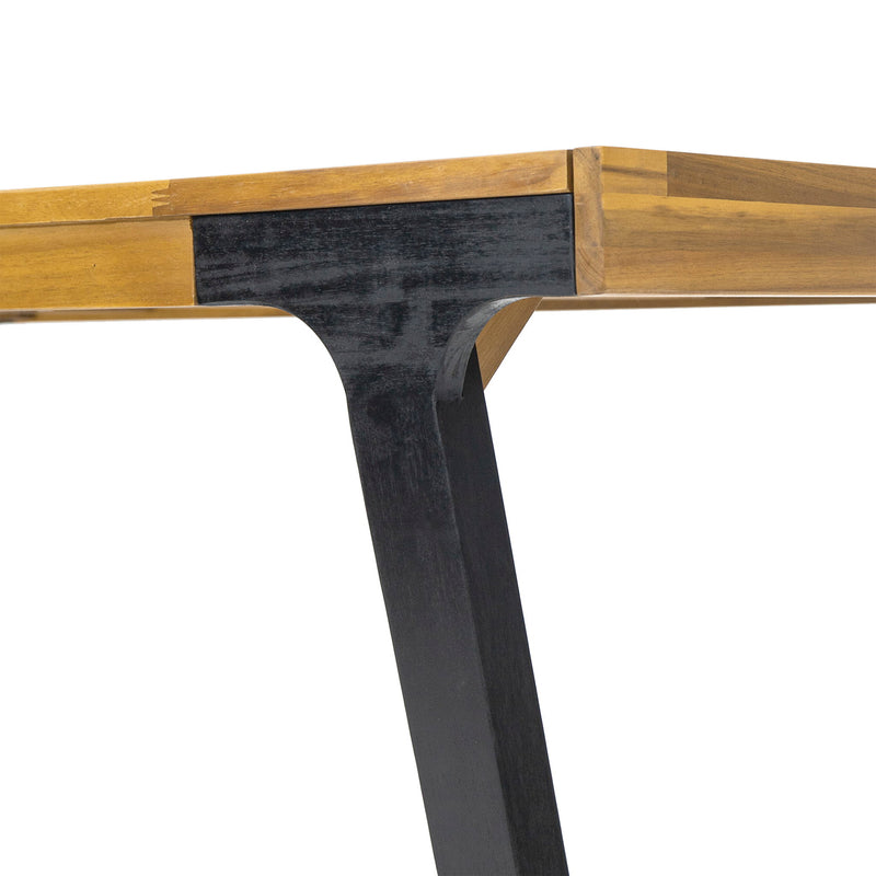 Acacia wood patio dining table by Noble House, 69-inch rectangular outdoor table with teak and black finish.