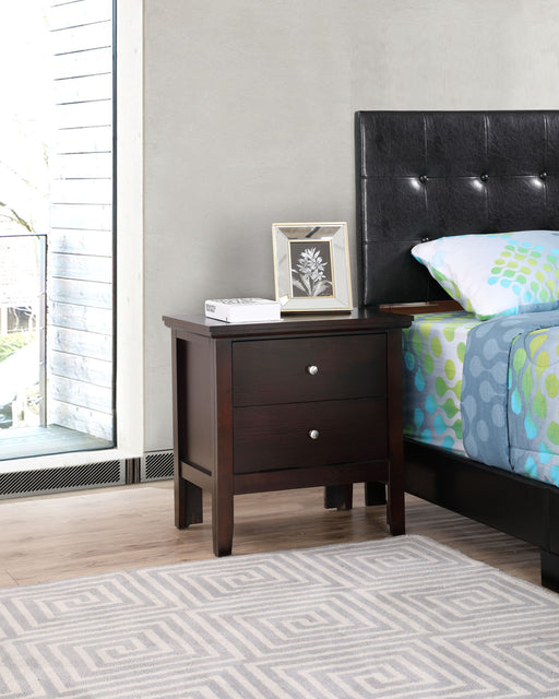 English dovetailed drawers accent nightstand by Glory Furniture, showing a sleek wooden nightstand with dovetail drawer joints.