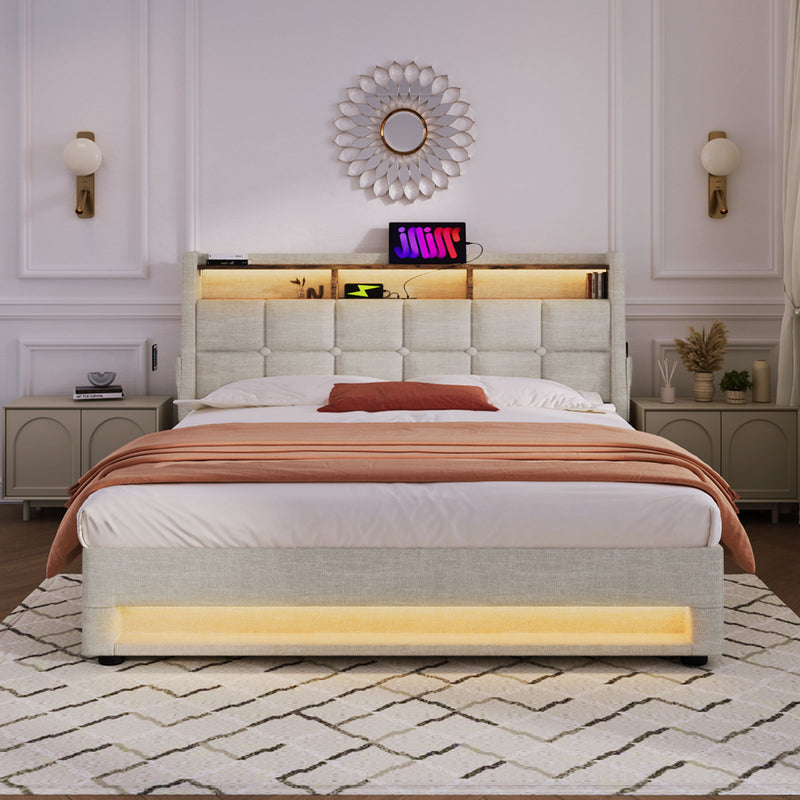 Artistry At Home upholstered platform storage bed with hydraulic lift, LED lights, and USB charging ports, shown without mattress.