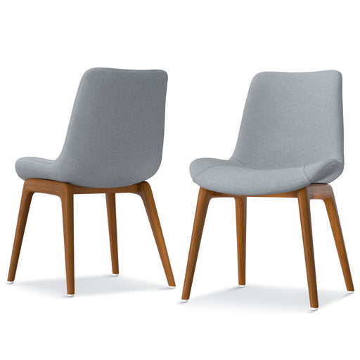 Pair of Simpli-Home Loretta upholstered dining chairs with padded seats and high backs, set of two in a modern design.