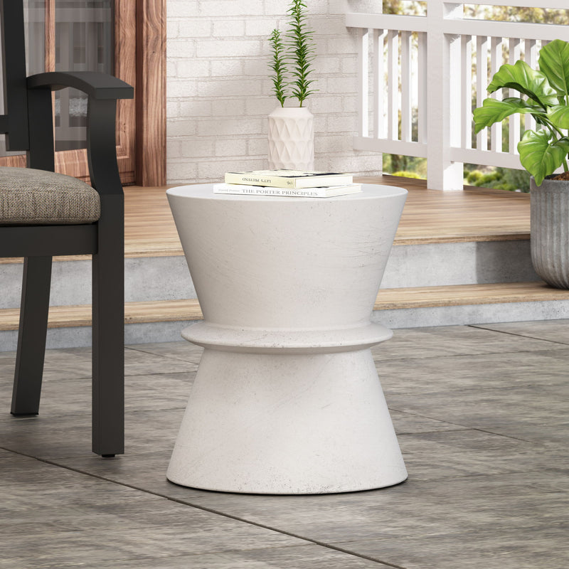 Outdoor lightweight concrete end table with hourglass shape in antique white, featuring a modern, durable design by Noble House.
