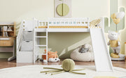 DreamHaus loft stairway bed with two drawers, convertible ladder, and slide, featuring a modern design for kids' bedrooms.