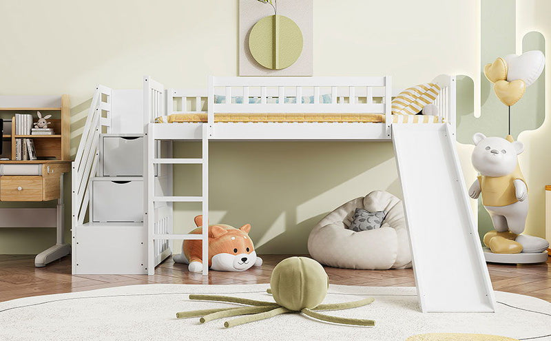 DreamHaus loft stairway bed with two drawers, convertible ladder, and slide, featuring a modern design for kids' bedrooms.