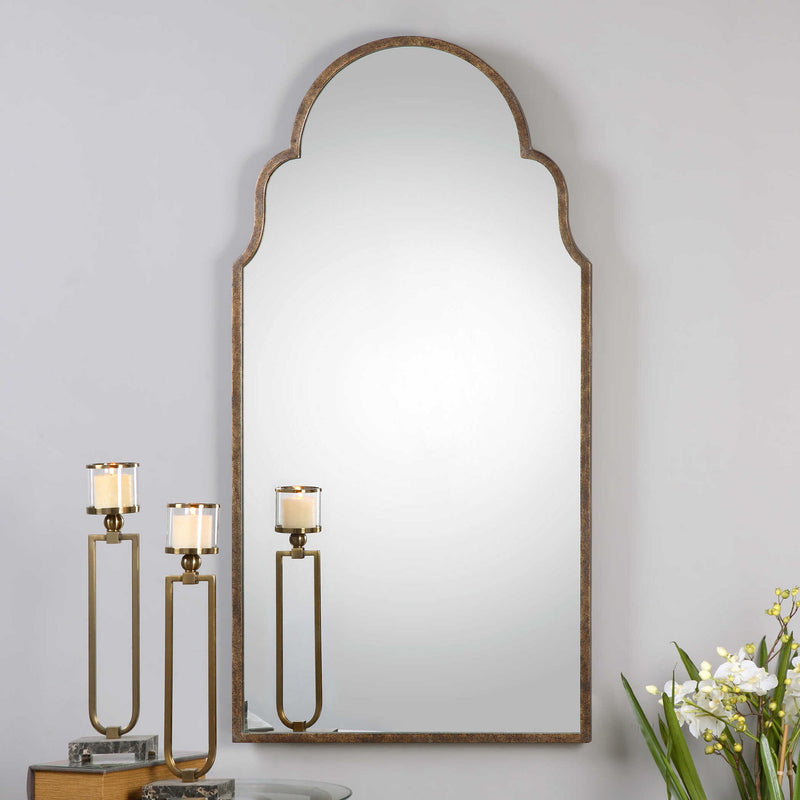 Uttermost Brayden Tall Arch Mirror in light brown wood frame, wall-mounted mirror with elegant curved top design.