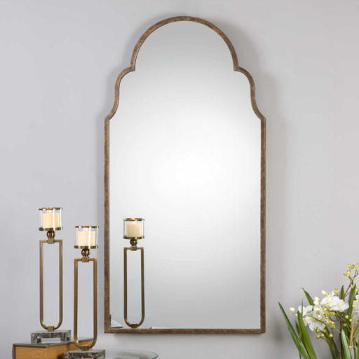 Uttermost Brayden Tall Arch Mirror in light brown wood frame, wall-mounted mirror with elegant curved top design.